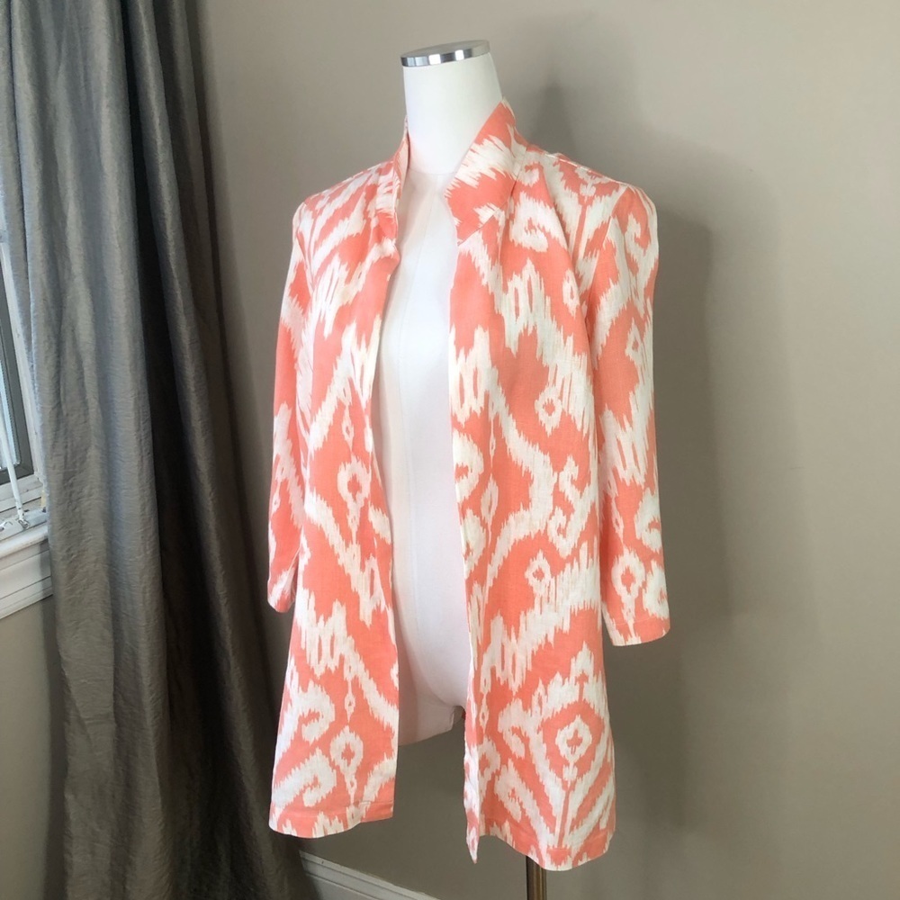Chico's 100% Linen Coral & White Batik Print Long Line Cardigan Blazer Jacket 1